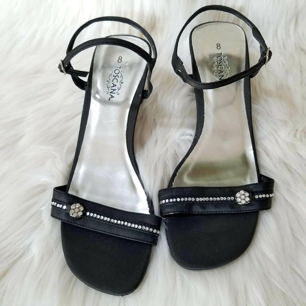 Toscana Ankle Strap Heels Size 8 Black Rhinestones Floral Buckle Open Toe 2.5"